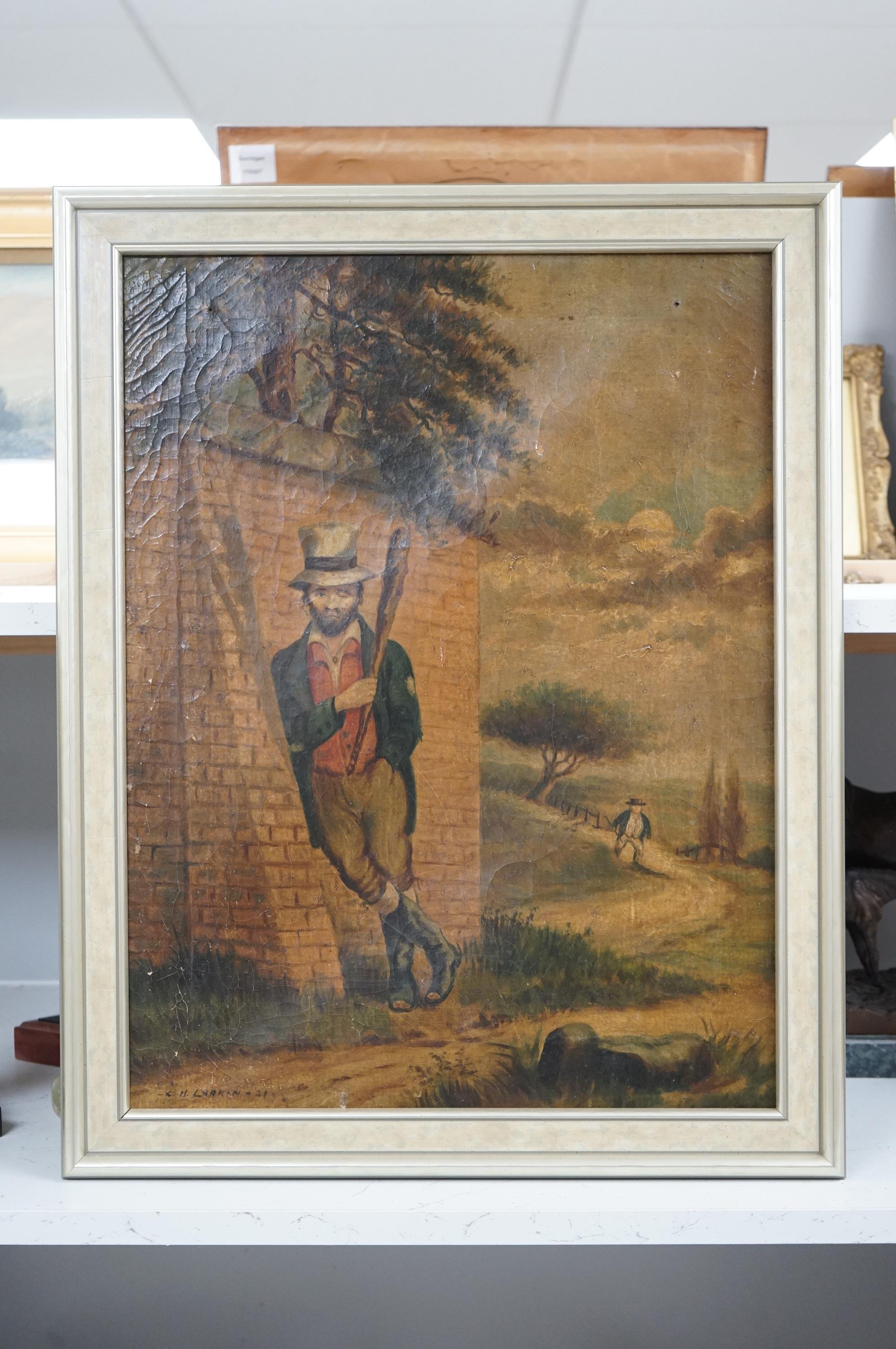 C. H. Larkin, oil on canvas, 'Highwayman in hiding waiting to pounce, signed and dated '21, 54 x 41cm